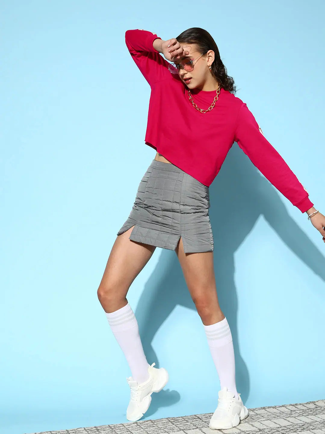Fuchsia Crop Sweatshirt - Double Tape Boxy Terry Top