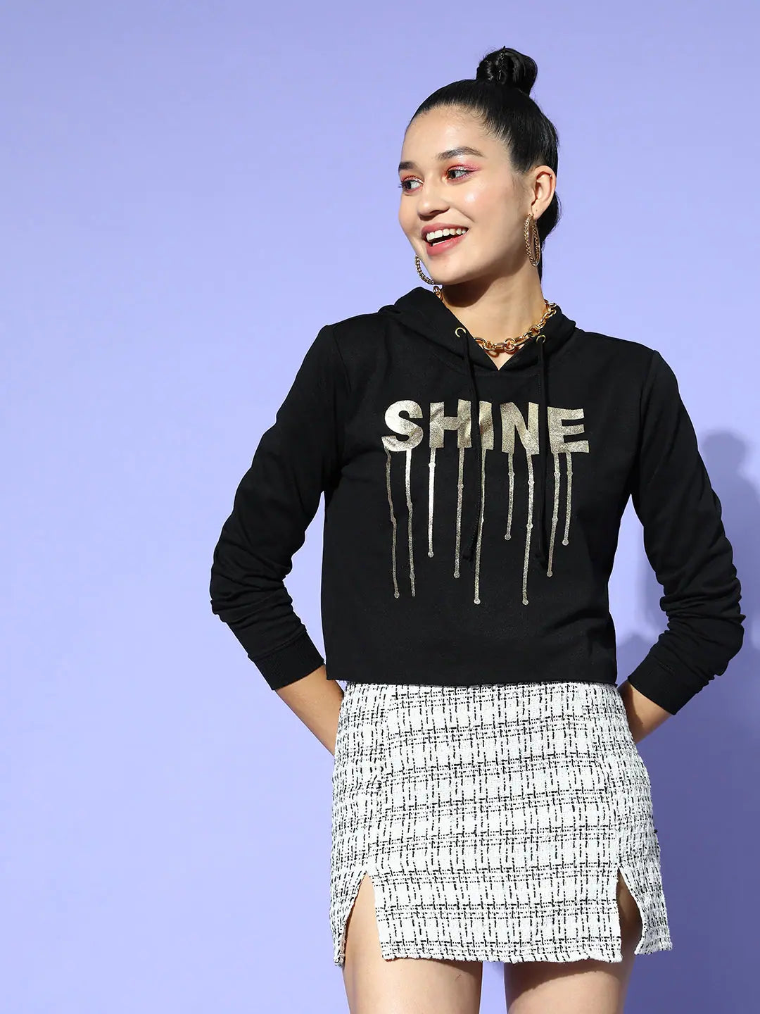 Black SHINE Foil Print Terry Crop Hoodie | Western Outfits