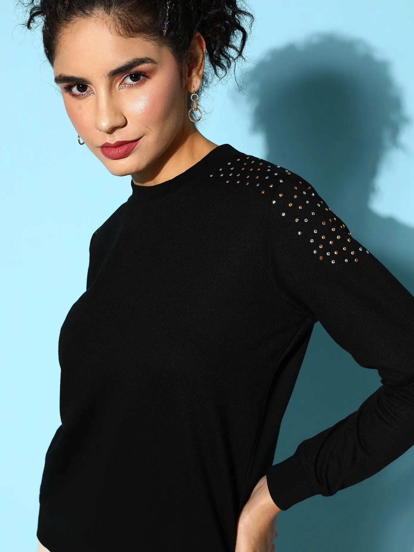 Black Studded Sweatshirt - Women's Terry Shoulder Studs