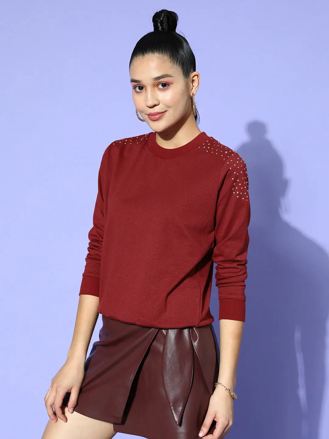 Maroon Shoulder Studded Terry Sweatshirt | Designer Lehenga