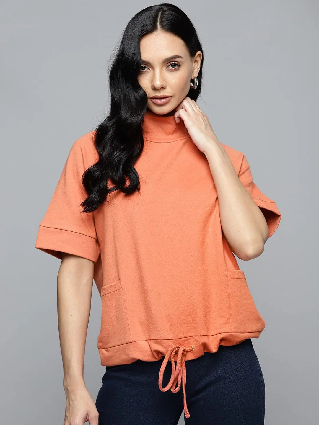 Coral Terry Boxy Sweatshirt with Drawstring Hem | Comfort Fit