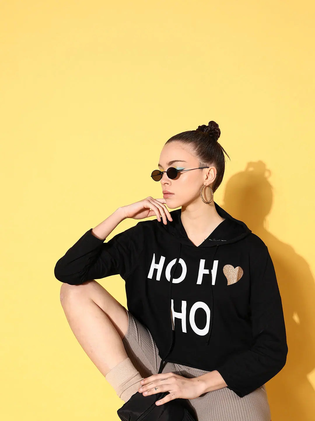 Black Terry Crop Hoodie - HO HO Print Women's Top