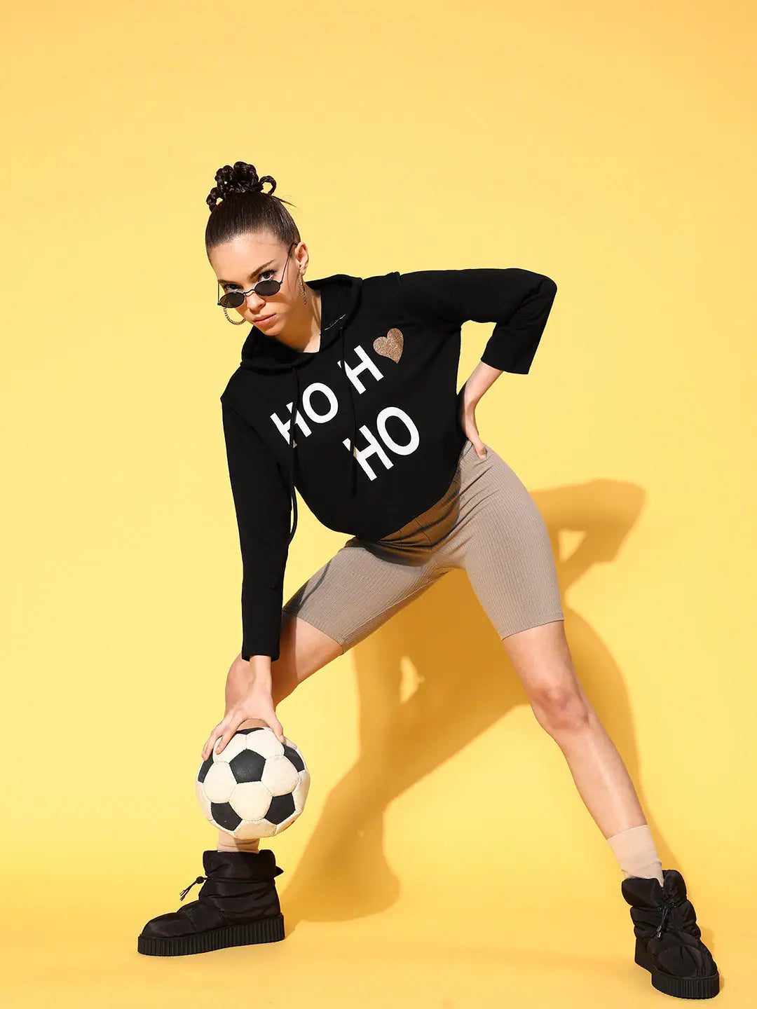 Black Terry Crop Hoodie - HO HO Print Women's Top