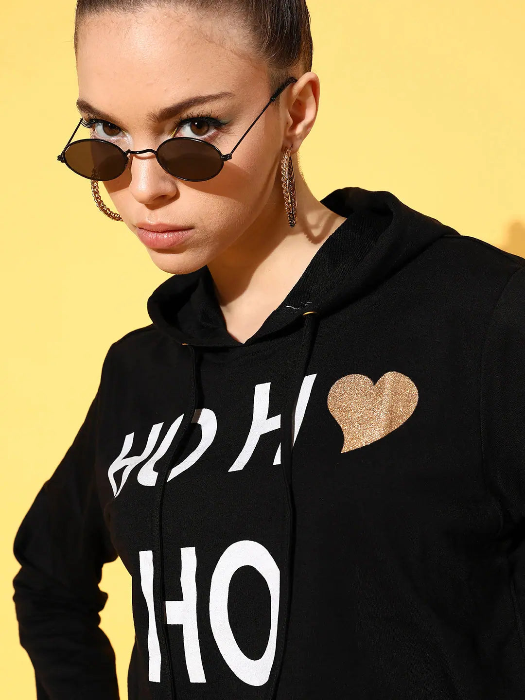 Black Terry Crop Hoodie - HO HO Print Women's Top