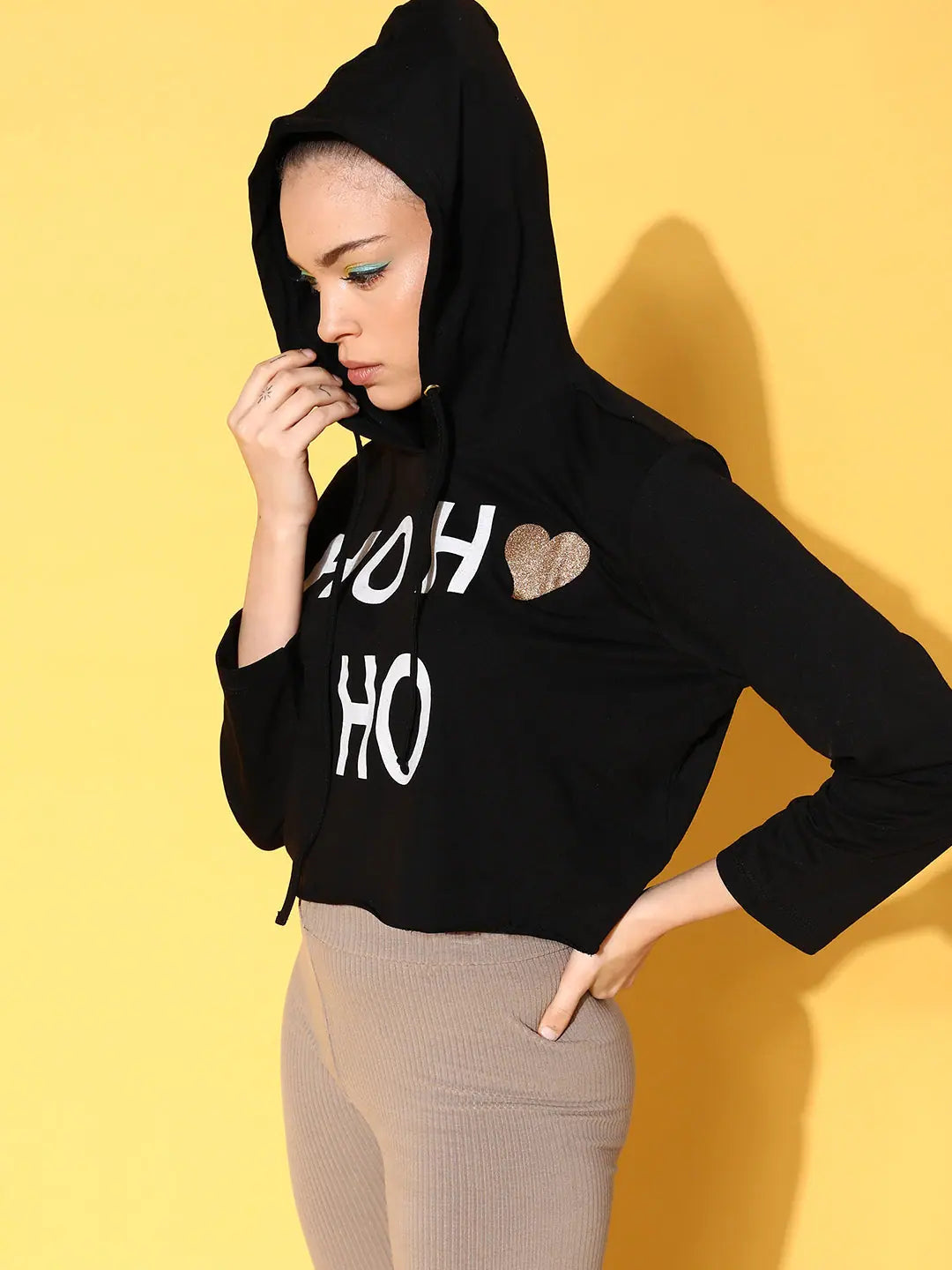 Black Terry Crop Hoodie - HO HO Print Women's Top