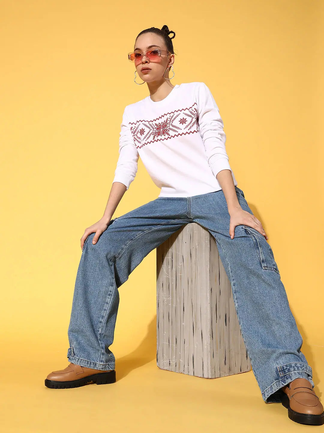 White Border Print Sweatshirt | Ethnic Lehenga for Women