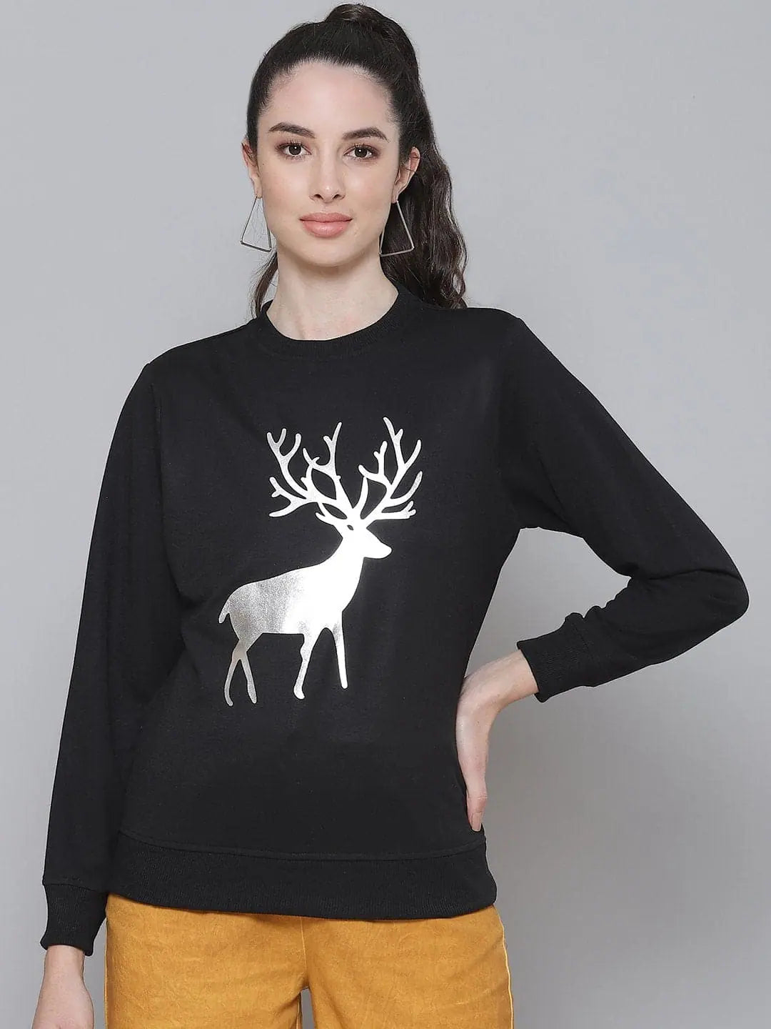 Black Terry Silver Reindeer Sweatshirt - Women's Casual Cotton