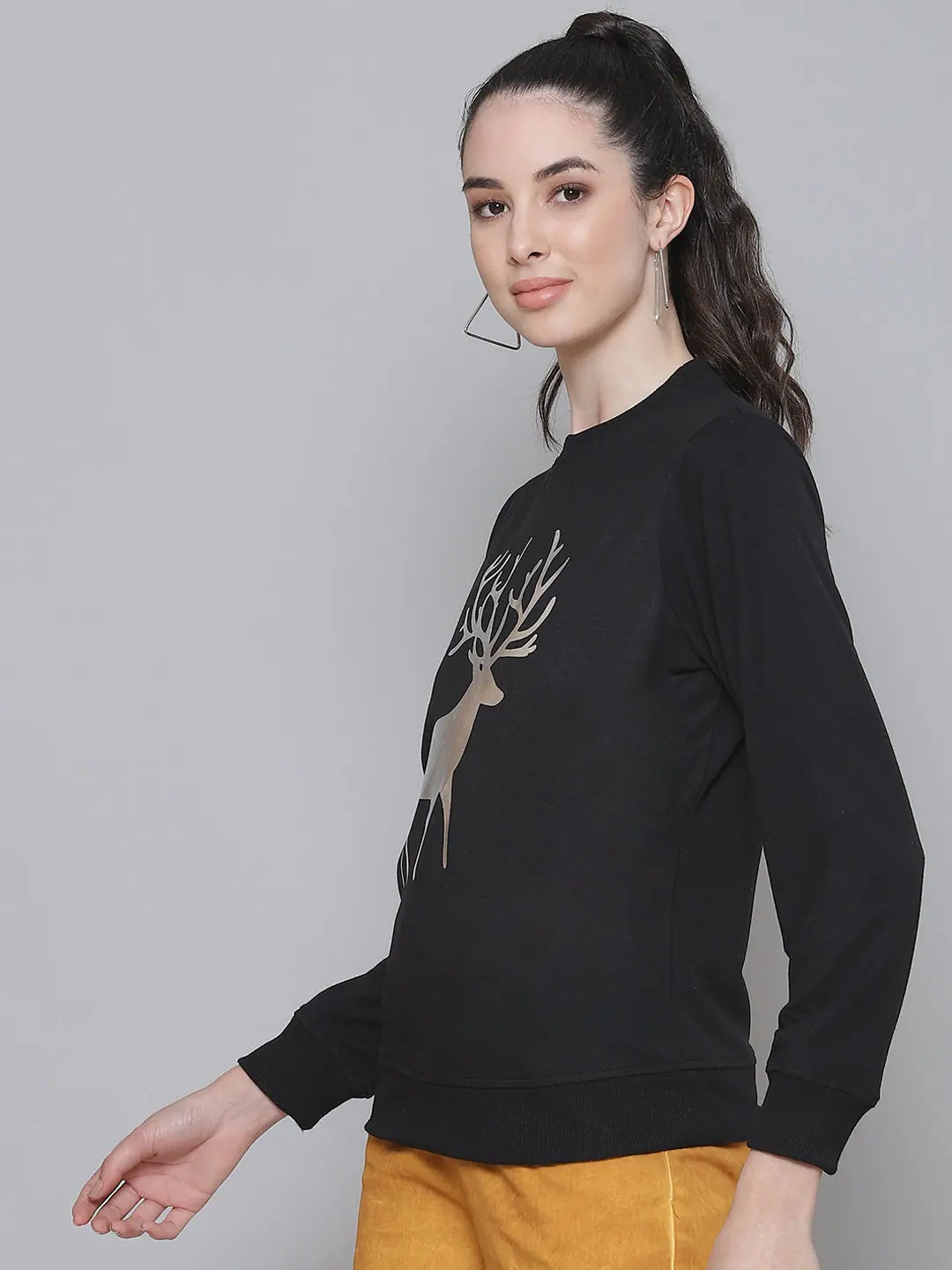 Black Terry Silver Reindeer Sweatshirt - Women's Casual Cotton
