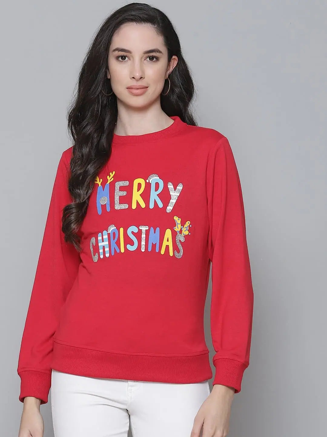 Red Christmas Terry Sweatshirt - Holiday Women's Casual Wear