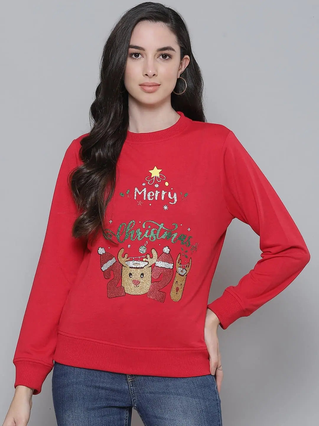 Red Christmas Terry Sweatshirt - Women's Festive Holiday Wear