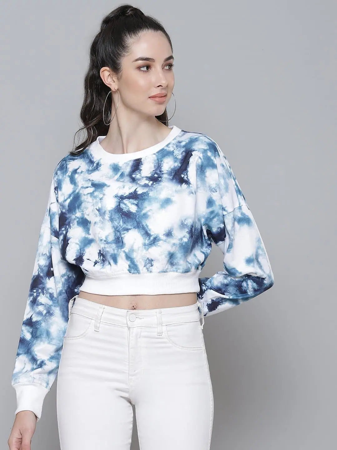 Navy & White Cloud Wash Terry Crop Sweatshirt for Women