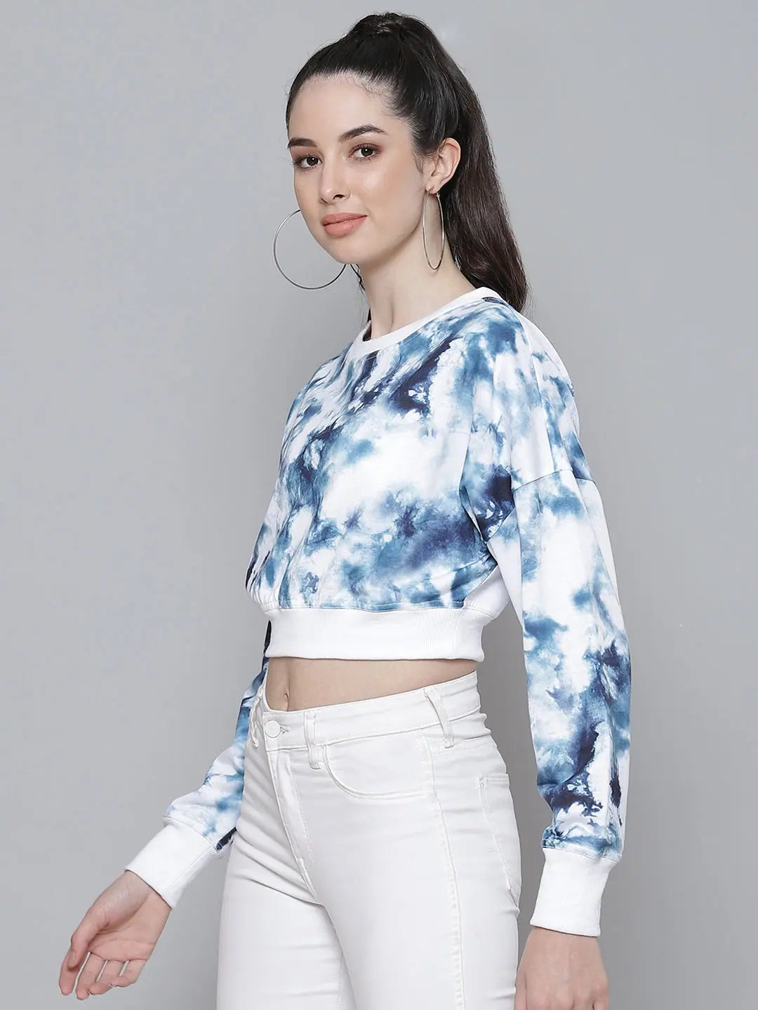 Navy & White Cloud Wash Terry Crop Sweatshirt for Women