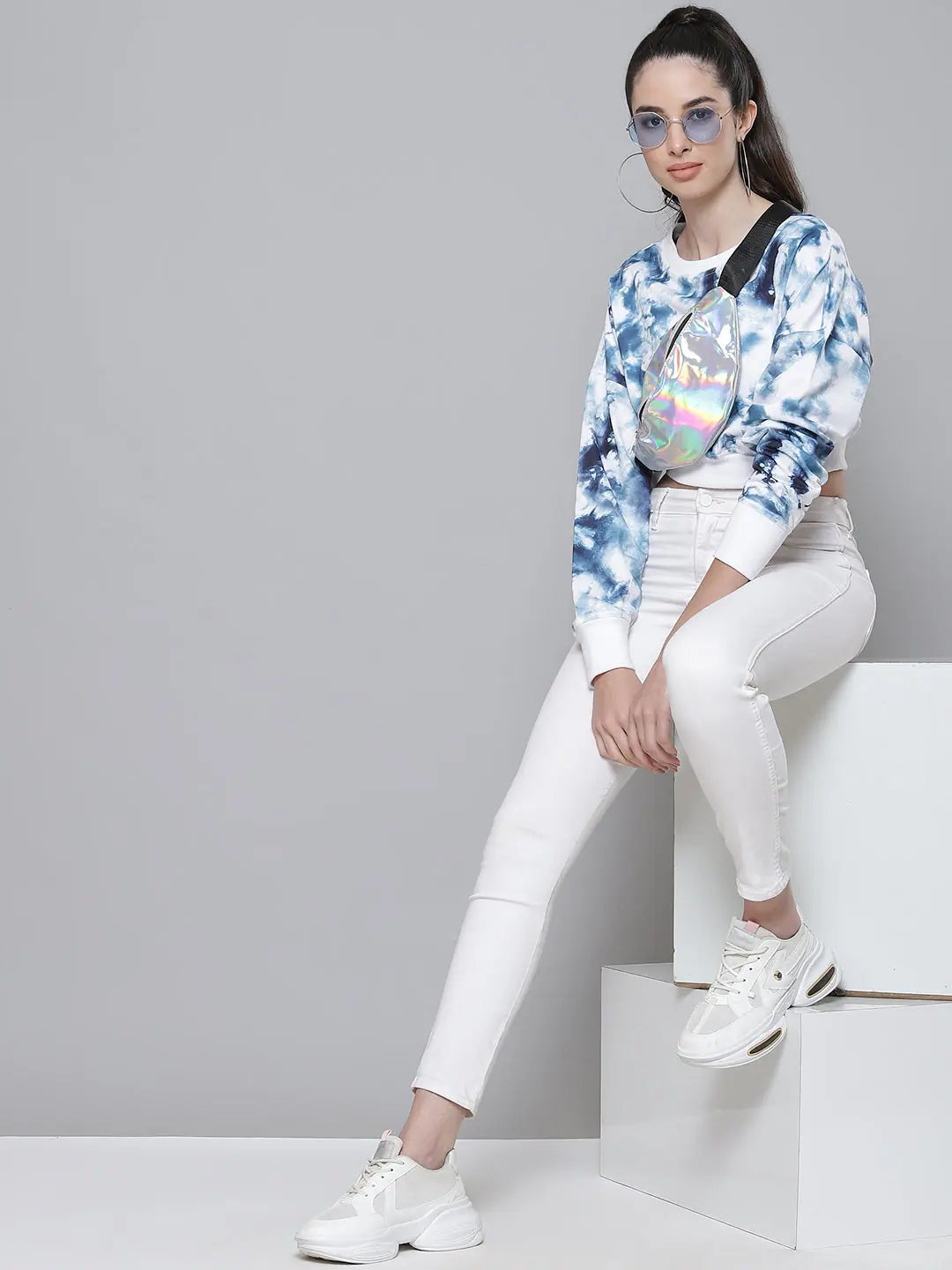 Navy & White Cloud Wash Terry Crop Sweatshirt for Women