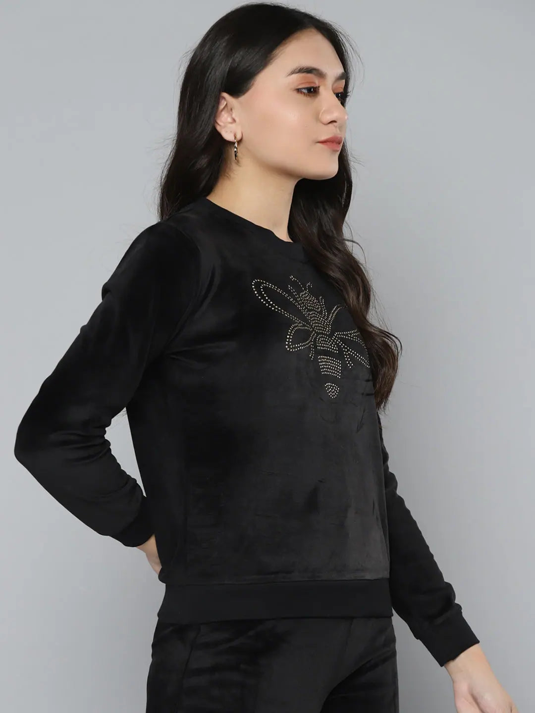 Black Velour Dragonfly Sweatshirt | Designer Lehenga Style