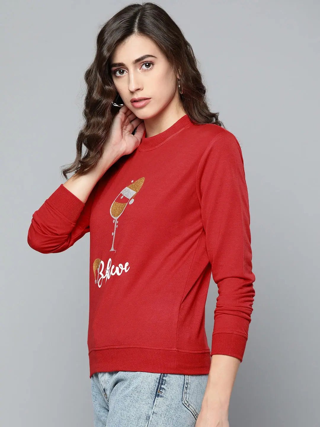 Red Terry BELIEVE Sweatshirt | Festive Lehenga Collection