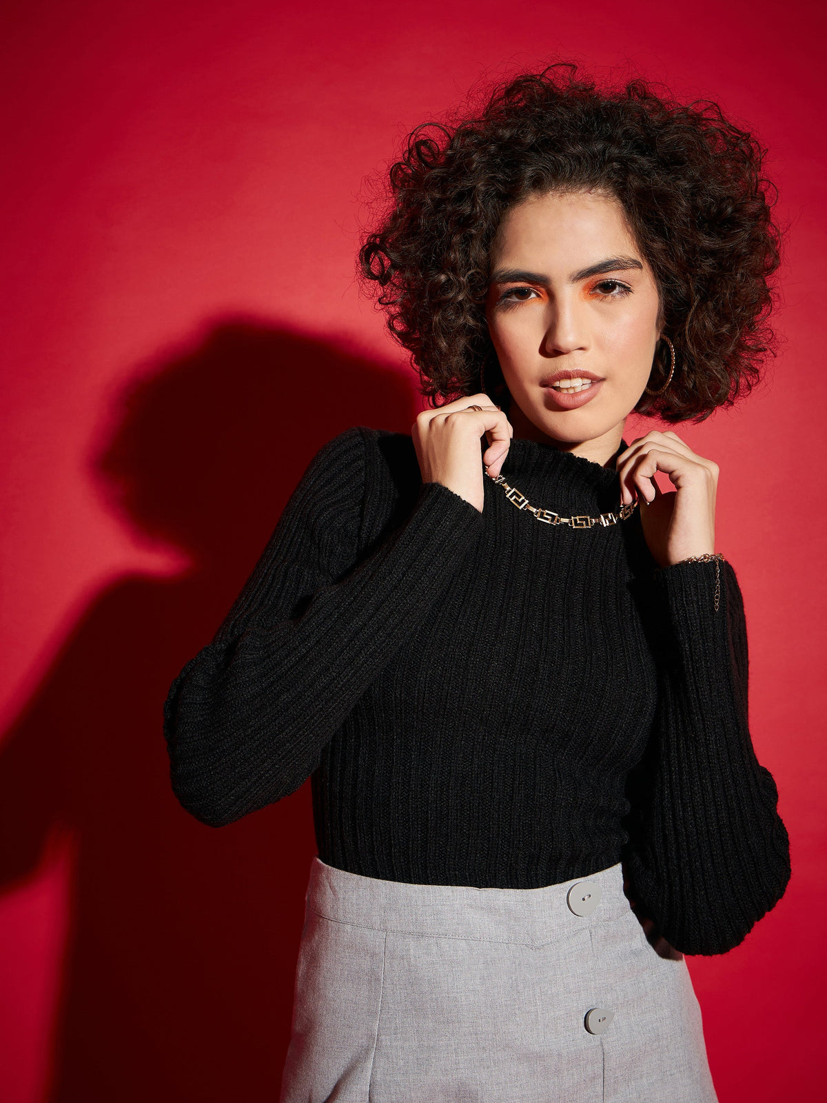 Women Black Rib High Neck Full Sleeves Sweater-SFSWSH7284_Black