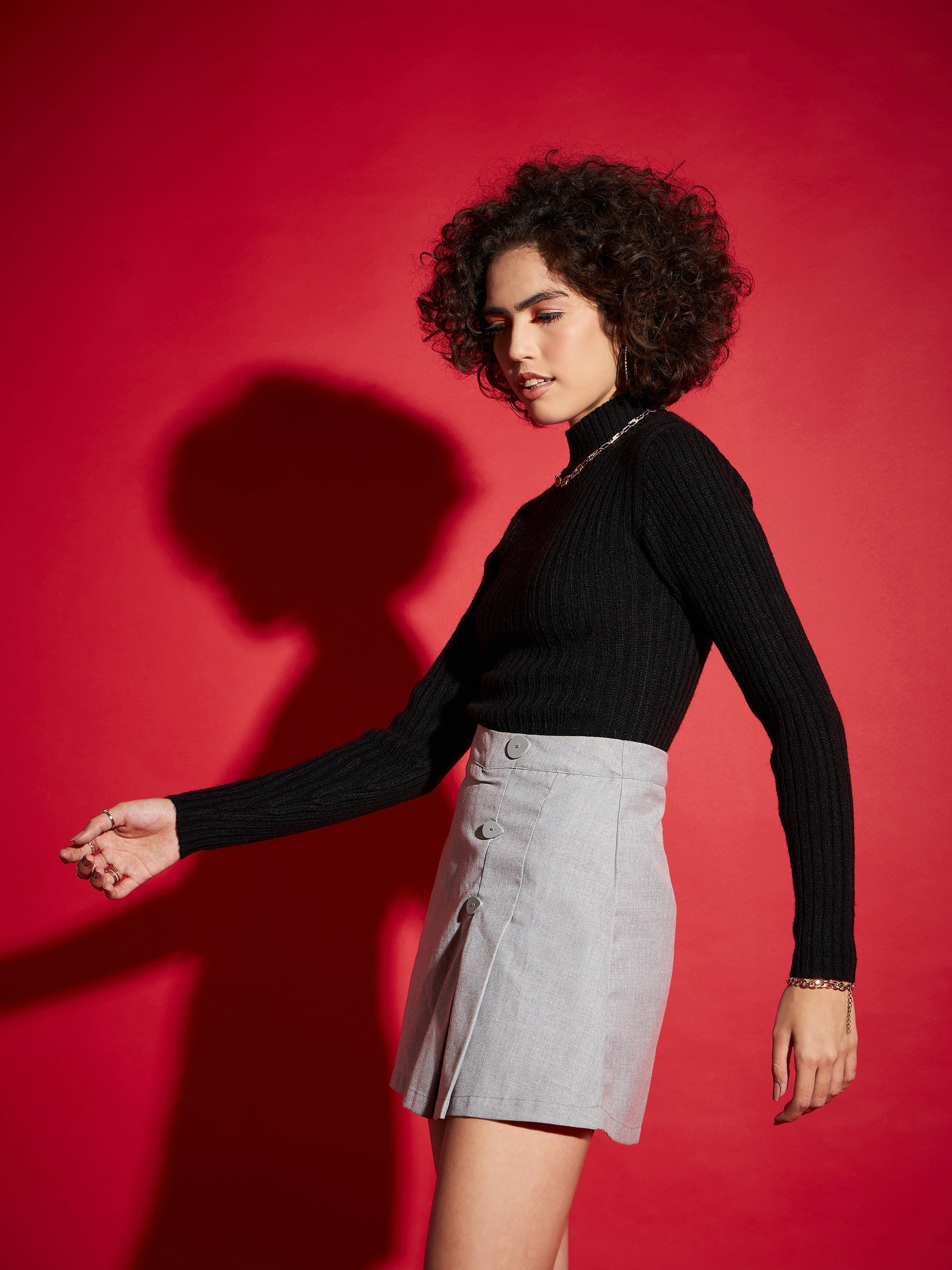 Women Black Rib High Neck Full Sleeves Sweater-SFSWSH7284_Black