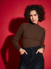 Women Brown Rib High Neck Full Sleeves Sweater-SFSWSH7285_Brown