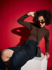 Women Brown Rib High Neck Full Sleeves Sweater-SFSWSH7285_Brown