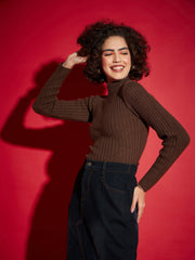 Women Brown Rib High Neck Full Sleeves Sweater-SFSWSH7285_Brown