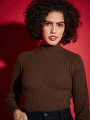Women Brown Rib High Neck Full Sleeves Sweater-SFSWSH7285_Brown