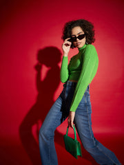 Women Green Rib High Neck Full Sleeves Sweater-SFSWSH7287_Green