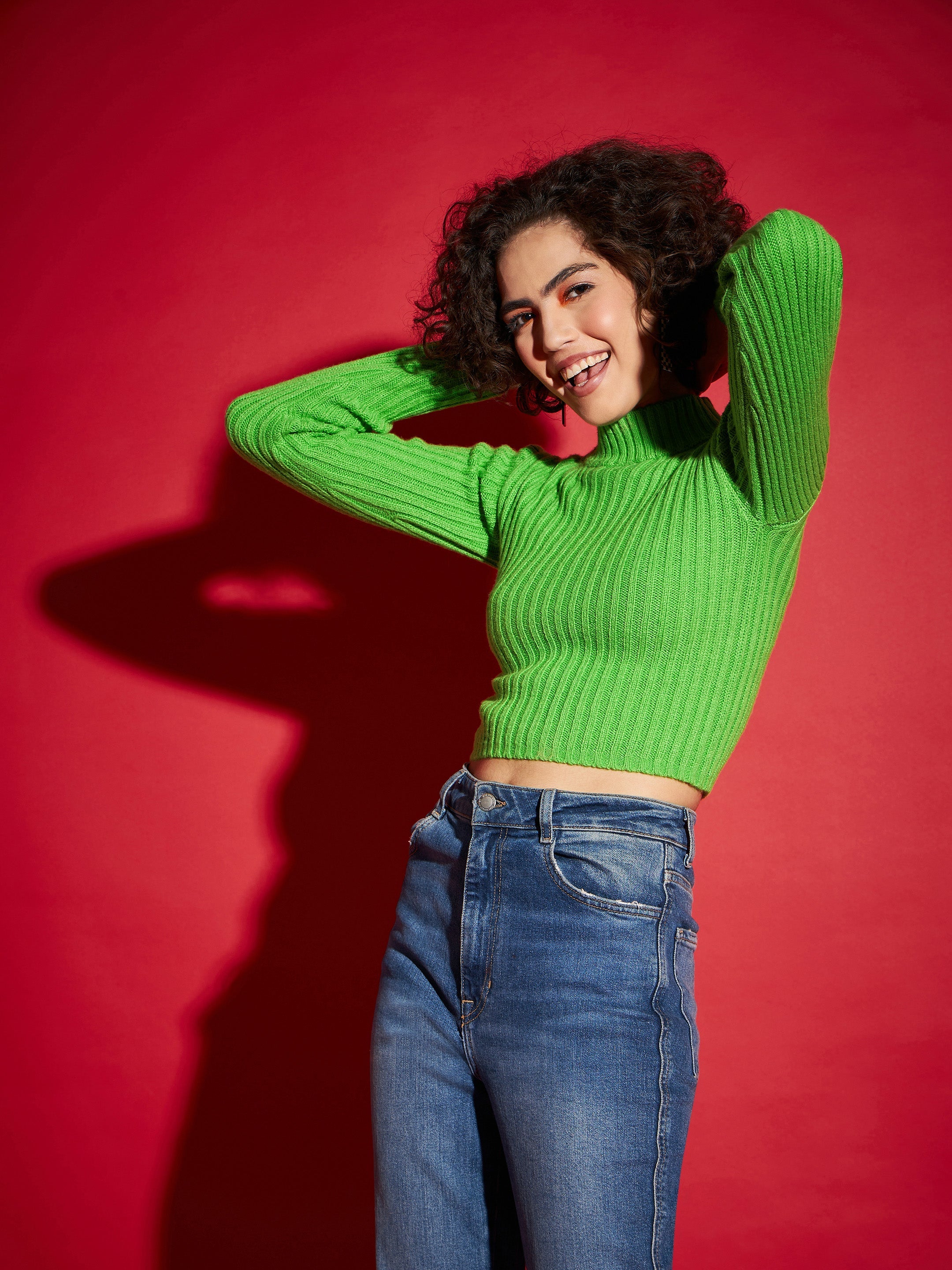 Women Green Rib High Neck Full Sleeves Sweater-SFSWSH7287_Green