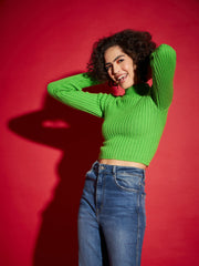 Women Green Rib High Neck Full Sleeves Sweater-SFSWSH7287_Green