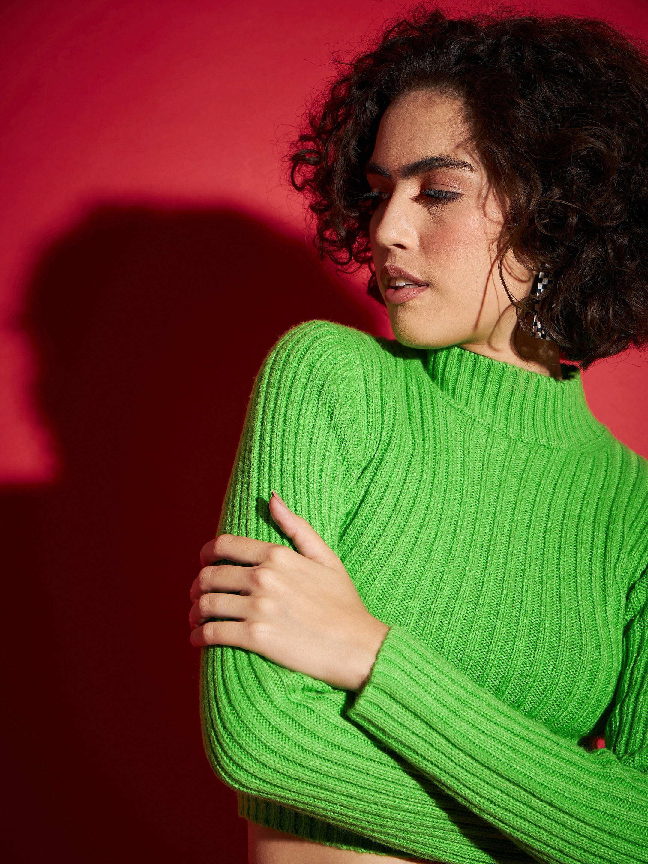 Women Green Rib High Neck Full Sleeves Sweater-SFSWSH7287_Green