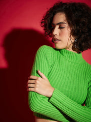 Women Green Rib High Neck Full Sleeves Sweater-SFSWSH7287_Green