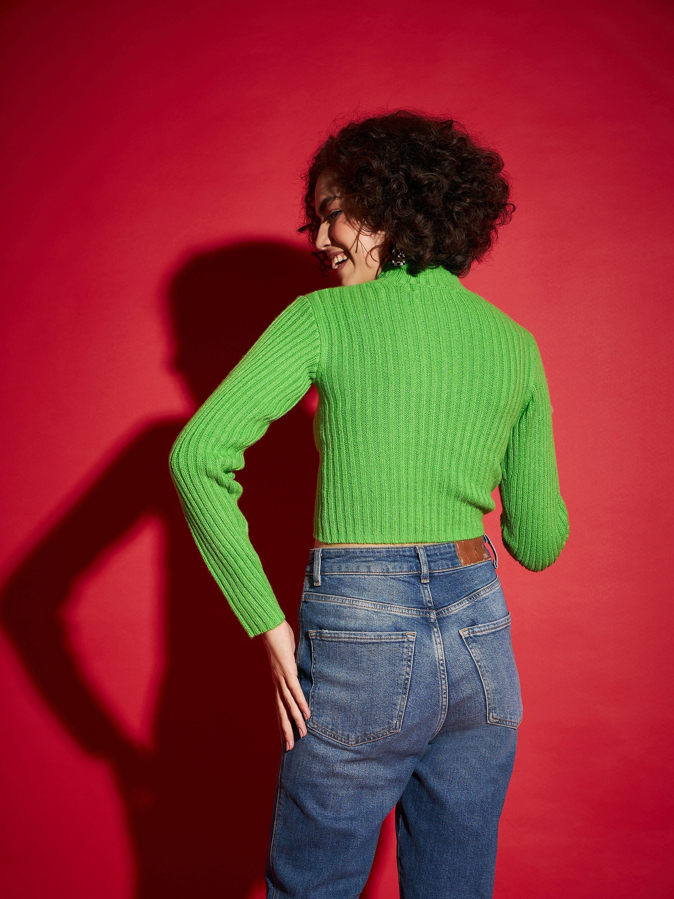 Women Green Rib High Neck Full Sleeves Sweater-SFSWSH7287_Green
