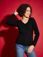 Women Black Rib V-Neck Sweater-SFSWSH7399_Black