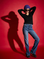 Women Black Rib V-Neck Sweater-SFSWSH7399_Black