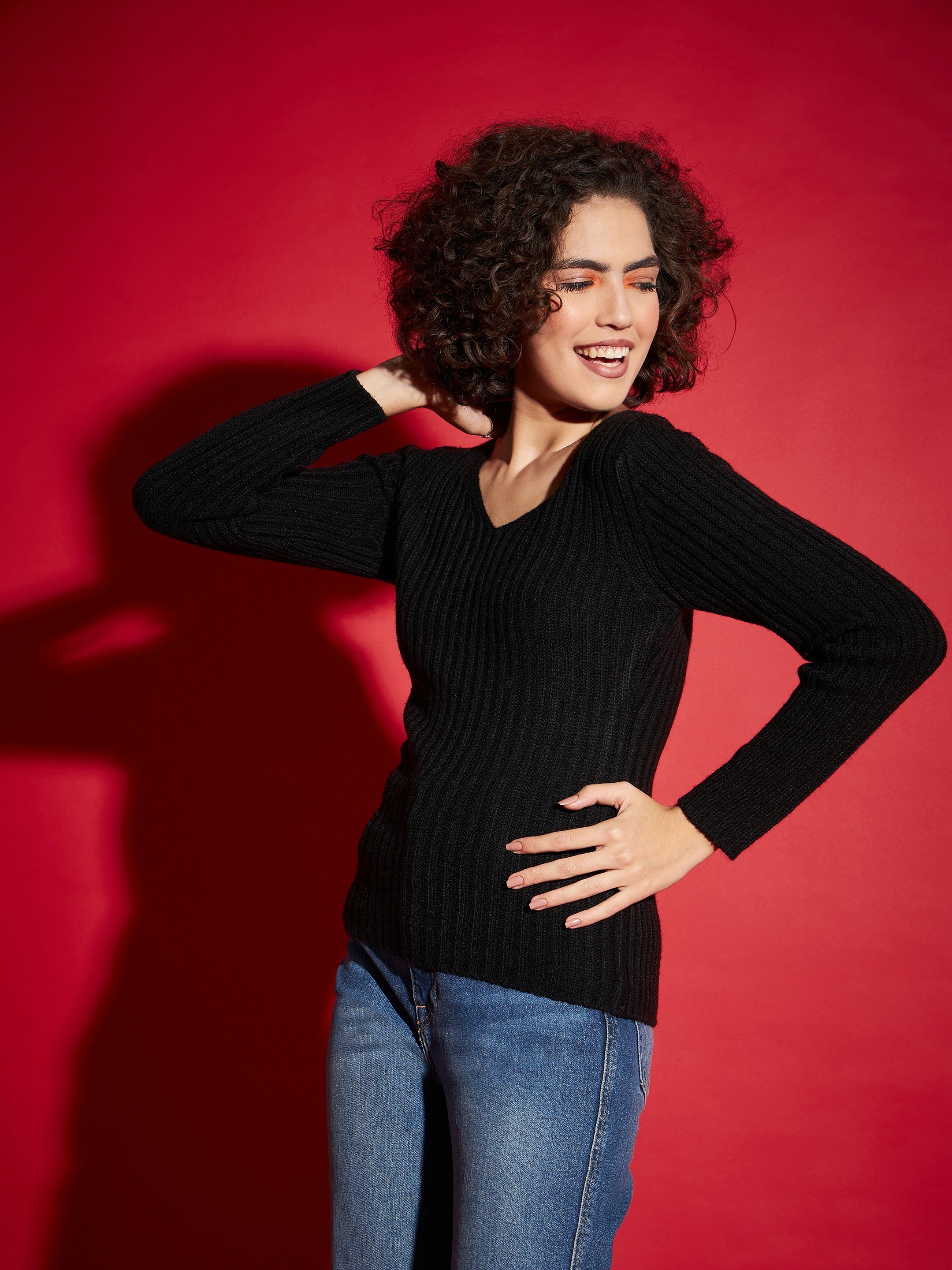 Women Black Rib V-Neck Sweater-SFSWSH7399_Black