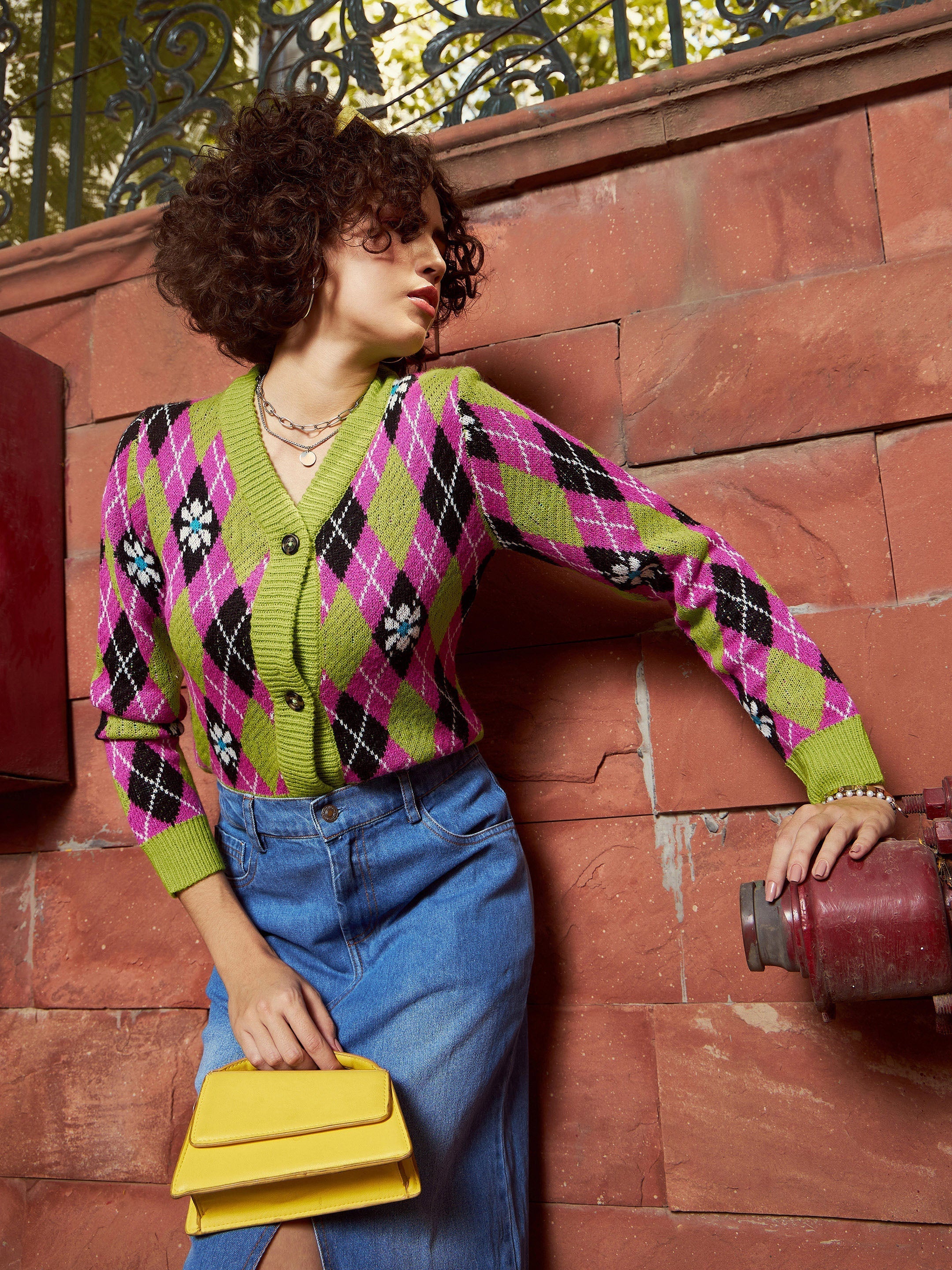 Women Green Geometric Front Open Wool Cardigan-SFSWSH7423