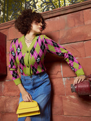 Women Green Geometric Front Open Wool Cardigan-SFSWSH7423
