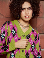 Women Green Geometric Front Open Wool Cardigan-SFSWSH7423