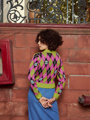 Women Green Geometric Front Open Wool Cardigan-SFSWSH7423