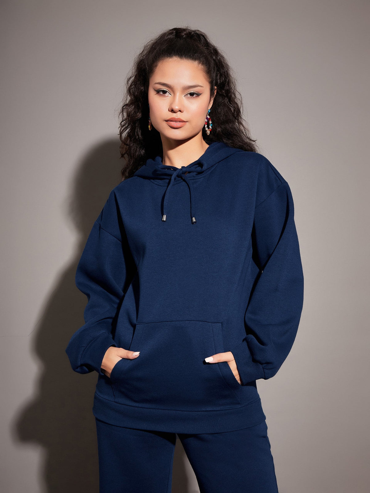 Women Navy Fleece Oversized Hoodie-SFSWSH7464