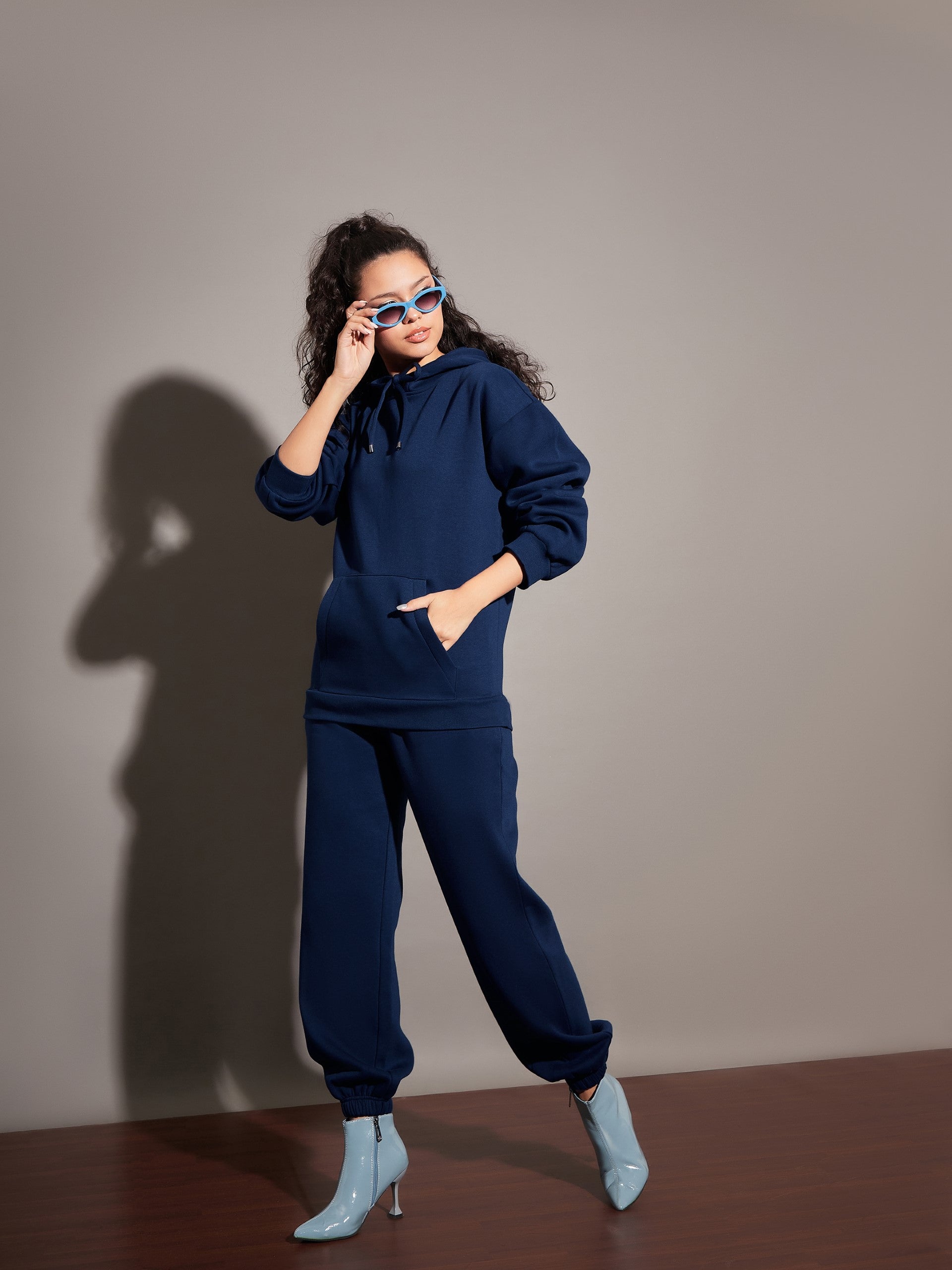 Women Navy Fleece Oversized Hoodie-SFSWSH7464