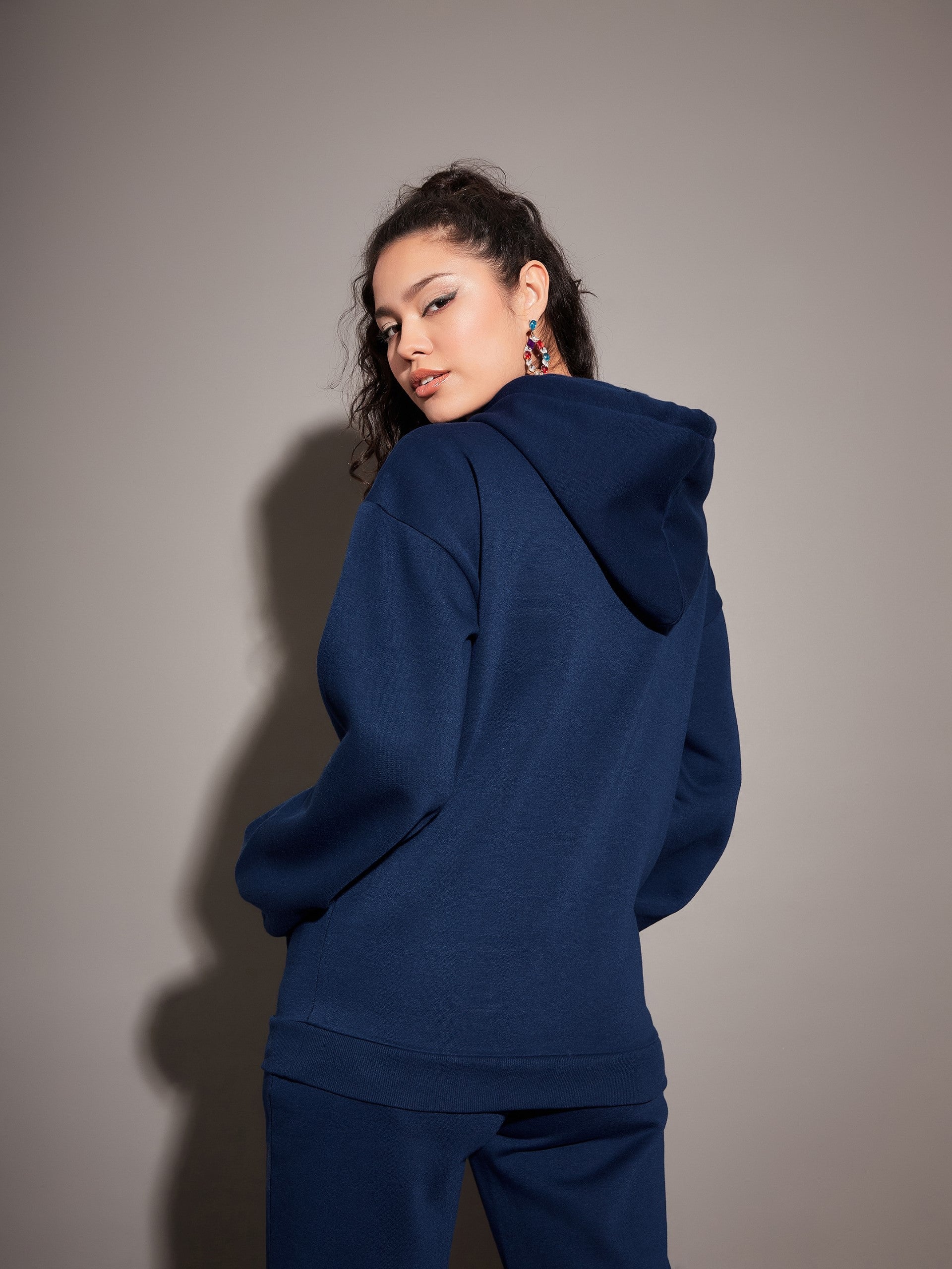 Women Navy Fleece Oversized Hoodie-SFSWSH7464