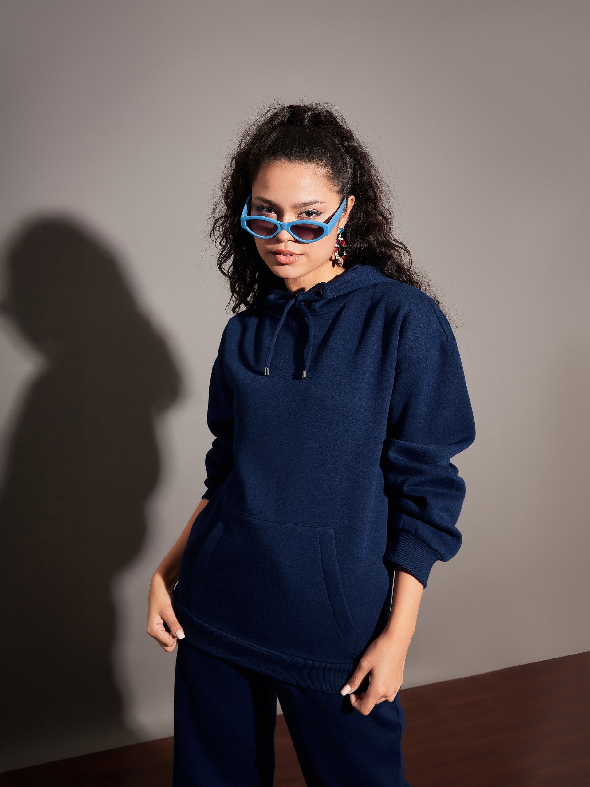 Women Navy Fleece Oversized Hoodie-SFSWSH7464