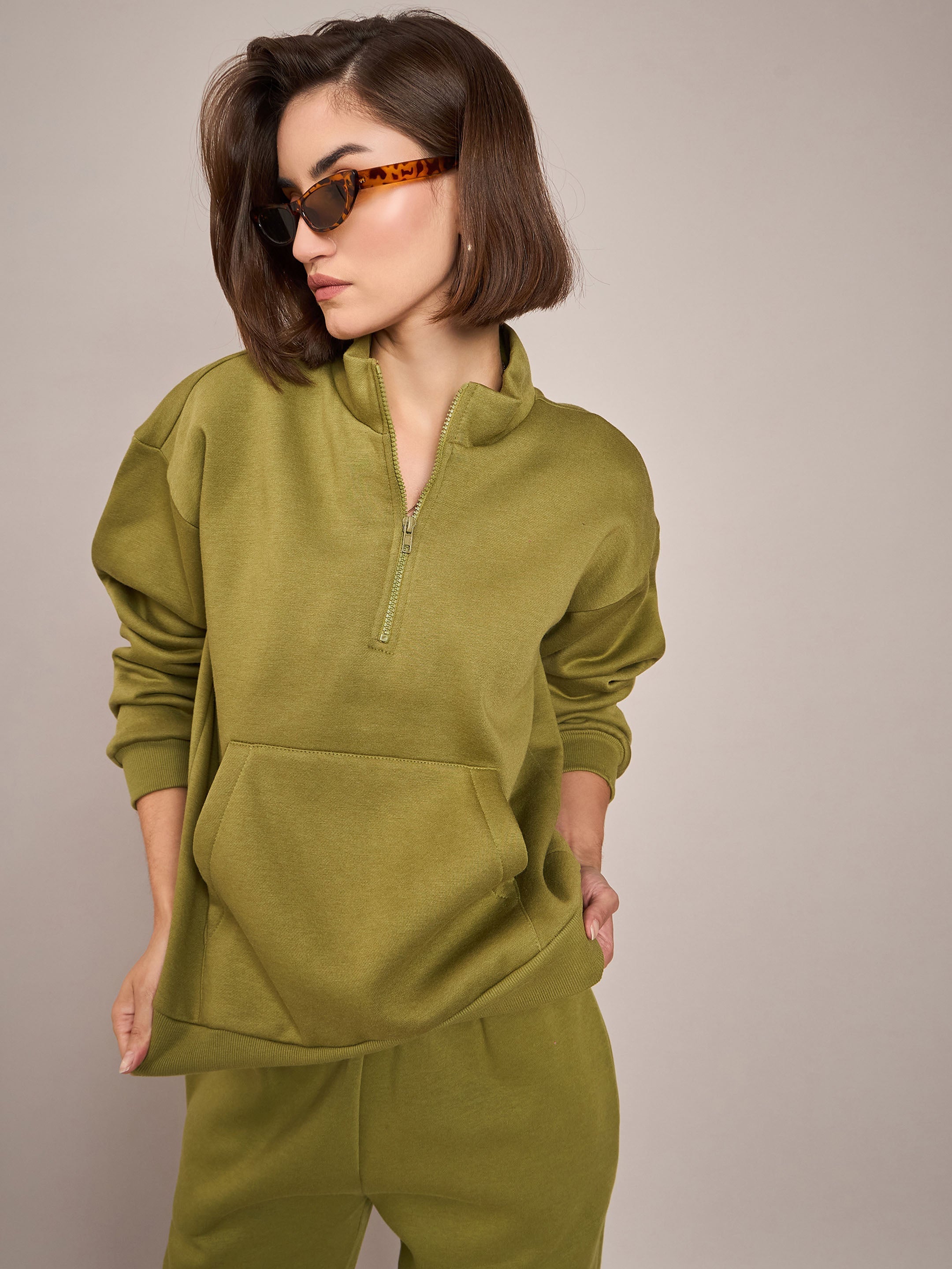 Women Olive Fleece Front Zipper Sweatshirt-SFSWSH7465