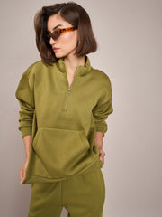 Women Olive Fleece Front Zipper Sweatshirt-SFSWSH7465