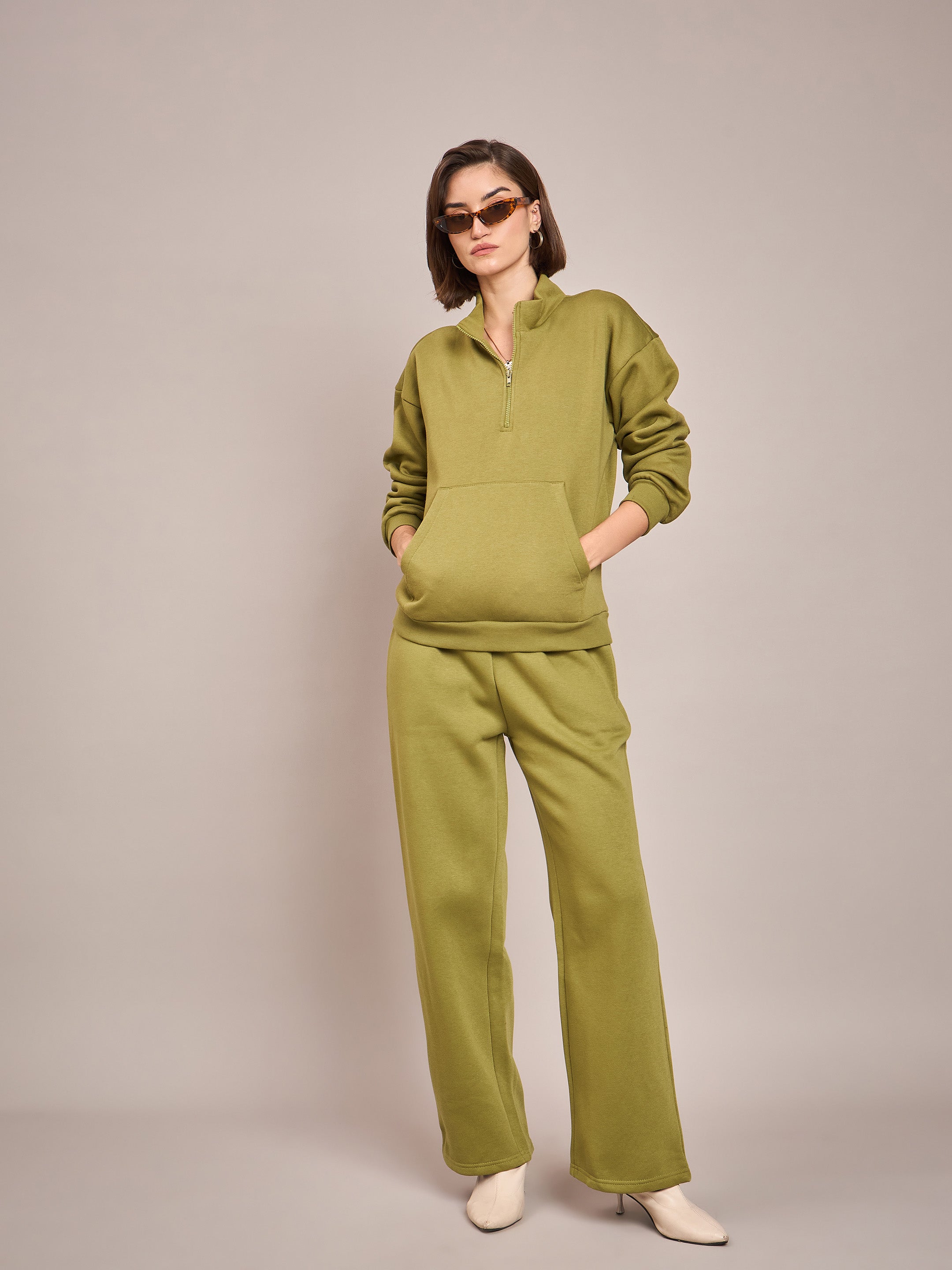 Women Olive Fleece Front Zipper Sweatshirt-SFSWSH7465