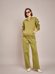 Women Olive Fleece Front Zipper Sweatshirt-SFSWSH7465