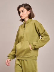 Women Olive Fleece Front Zipper Sweatshirt-SFSWSH7465