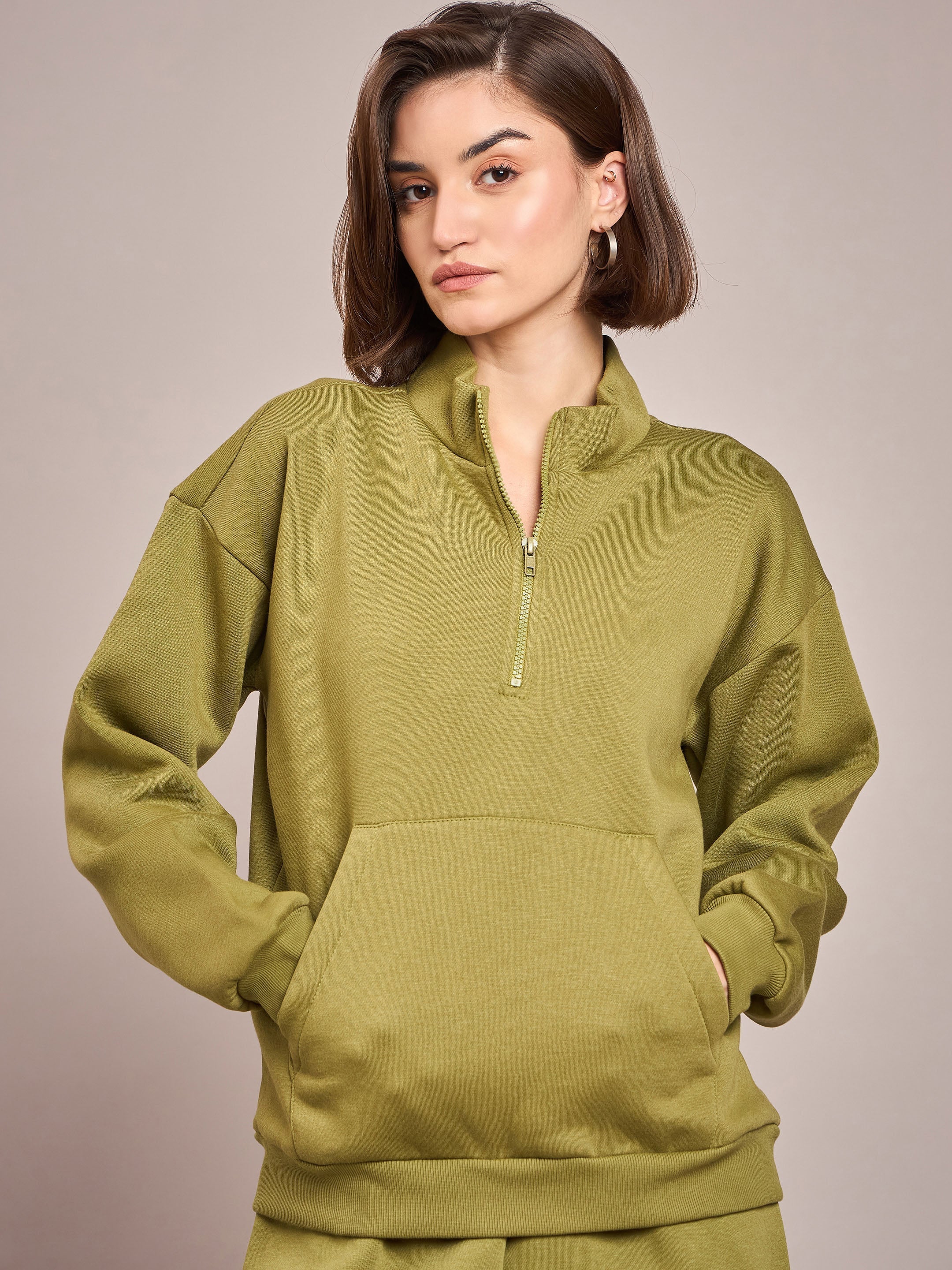 Women Olive Fleece Front Zipper Sweatshirt-SFSWSH7465