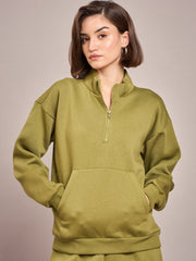 Women Olive Fleece Front Zipper Sweatshirt-SFSWSH7465
