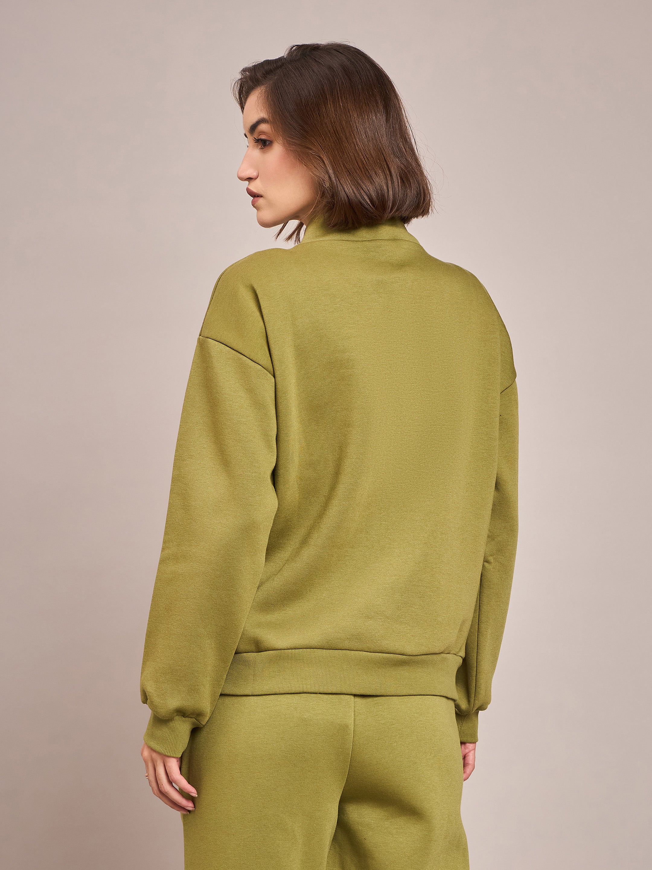 Women Olive Fleece Front Zipper Sweatshirt-SFSWSH7465